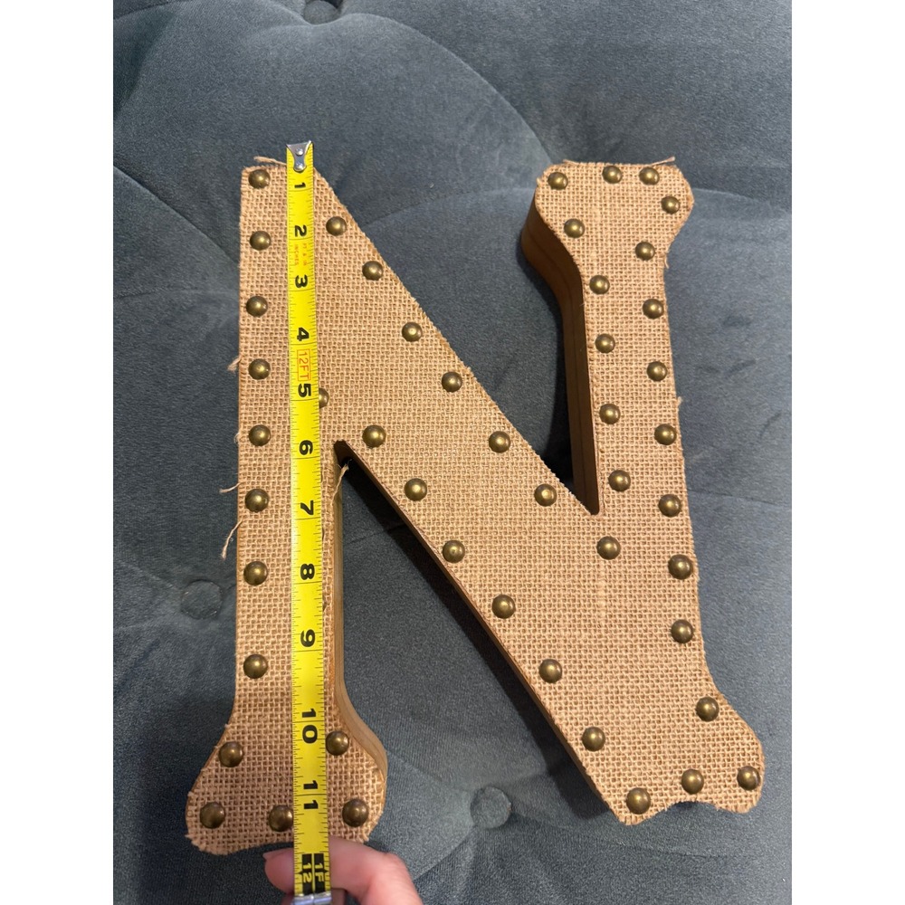 Rustic Burlap Studded Wooden Letter N Wall Decor Farmhouse Monogram 12 Inch